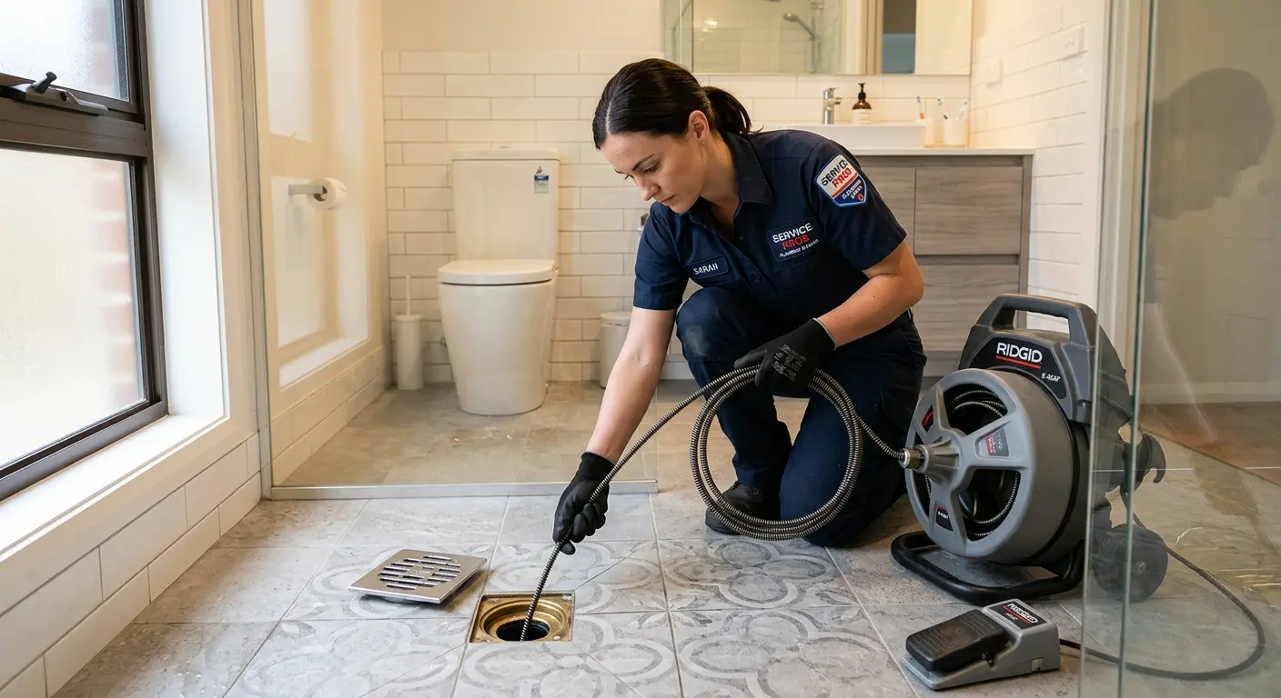 Technician clearing a bathroom floor drain for Sewer Line Replacement in Collinsville